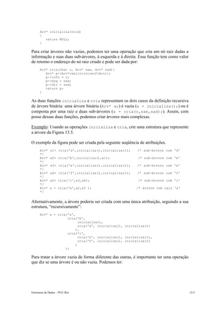 Arv* inicializa(void) 
{ 
return NULL; 
} 
Para criar árvores não vazias, podemos ter uma operação que cria um nó raiz dadas a 
informação e suas duas sub-árvores, à esquerda e à direita. Essa função tem como valor 
de retorno o endereço do nó raiz criado e pode ser dada por: 
Arv* cria(char c, Arv* sae, Arv* sad){ 
Arv* p=(Arv*)malloc(sizeof(Arv)); 
p->info = c; 
p->esq = sae; 
p->dir = sad; 
return p; 
} 
As duas funções inicializa e cria representam os dois casos da definição recursiva 
de árvore binária: uma árvore binária (Arv* a;) é vazia (a = inicializa();) ou é 
composta por uma raiz e duas sub-árvores (a = cria(c,sae,sad);). Assim, com 
posse dessas duas funções, podemos criar árvores mais complexas. 
Exemplo: Usando as operações inicializa e cria, crie uma estrutura que represente 
a árvore da Figura 13.5. 
O exemplo da figura pode ser criada pela seguinte seqüência de atribuições. 
Arv* a1= cria('d',inicializa(),inicializa()); /* sub-árvore com 'd' 
*/ 
Arv* a2= cria('b',inicializa(),a1); /* sub-árvore com 'b' 
*/ 
Arv* a3= cria('e',inicializa(),inicializa()); /* sub-árvore com 'e' 
*/ 
Arv* a4= cria('f',inicializa(),inicializa()); /* sub-árvore com 'f' 
*/ 
Arv* a5= cria('c',a3,a4); /* sub-árvore com 'c' 
*/ 
Arv* a = cria('a',a2,a5 ); /* árvore com raiz 'a' 
*/ 
Alternativamente, a árvore poderia ser criada com uma única atribuição, seguindo a sua 
estrutura, “recursivamente”: 
Arv* a = cria('a', 
cria('b', 
inicializa(), 
cria('d', inicializa(), inicializa()) 
), 
cria('c', 
cria('e', inicializa(), inicializa()), 
cria('f', inicializa(), inicializa()) 
) 
); 
Para tratar a árvore vazia de forma diferente das outras, é importante ter uma operação 
que diz se uma árvore é ou não vazia. Podemos ter: 
Estruturas de Dados – PUC-Rio 12-5 
 
