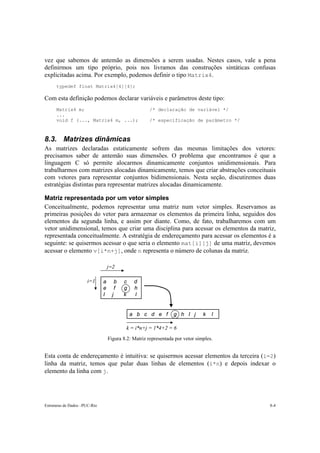 vez que sabemos de antemão as dimensões a serem usadas. Nestes casos, vale a pena 
definirmos um tipo próprio, pois nos livramos das construções sintáticas confusas 
explicitadas acima. Por exemplo, podemos definir o tipo Matrix4. 
typedef float Matrix4[4][4]; 
Com esta definição podemos declarar variáveis e parâmetros deste tipo: 
Matrix4 m; /* declaração de variável */ 
... 
void f (..., Matrix4 m, ...); /* especificação de parâmetro */ 
8.3. Matrizes dinâmicas 
As matrizes declaradas estaticamente sofrem das mesmas limitações dos vetores: 
precisamos saber de antemão suas dimensões. O problema que encontramos é que a 
linguagem C só permite alocarmos dinamicamente conjuntos unidimensionais. Para 
trabalharmos com matrizes alocadas dinamicamente, temos que criar abstrações conceituais 
com vetores para representar conjuntos bidimensionais. Nesta seção, discutiremos duas 
estratégias distintas para representar matrizes alocadas dinamicamente. 
Matriz representada por um vetor simples 
Conceitualmente, podemos representar uma matriz num vetor simples. Reservamos as 
primeiras posições do vetor para armazenar os elementos da primeira linha, seguidos dos 
elementos da segunda linha, e assim por diante. Como, de fato, trabalharemos com um 
vetor unidimensional, temos que criar uma disciplina para acessar os elementos da matriz, 
representada conceitualmente. A estratégia de endereçamento para acessar os elementos é a 
seguinte: se quisermos acessar o que seria o elemento mat[i][j] de uma matriz, devemos 
acessar o elemento v[i*n+j], onde n representa o número de colunas da matriz. 
j=2 
a b c d 
e f g h 
I j k l 
a b c d e f g h I j k l 
k = i*n+j = 1*4+2 = 6 
Figura 8.2: Matriz representada por vetor simples. 
i=1 
Esta conta de endereçamento é intuitiva: se quisermos acessar elementos da terceira (i=2) 
linha da matriz, temos que pular duas linhas de elementos (i*n) e depois indexar o 
elemento da linha com j. 
Estruturas de Dados –PUC-Rio 8-4 
 