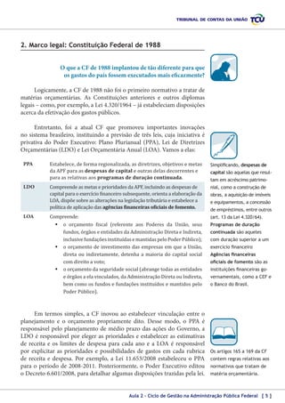 2. Marco legal: Constituição Federal de 1988
O que a CF de 1988 implantou de tão diferente para que
os gastos do país fossem executados mais eficazmente?
Logicamente, a CF de 1988 não foi o primeiro normativo a tratar de
matérias orçamentárias. As Constituições anteriores e outros diplomas
legais – como, por exemplo, a Lei 4.320/1964 – já estabeleciam disposições
acerca da efetivação dos gastos públicos.
Entretanto, foi a atual CF que promoveu importantes inovações
no sistema brasileiro, instituindo a previsão de três leis, cuja iniciativa é
privativa do Poder Executivo: Plano Plurianual (PPA), Lei de Diretrizes
Orçamentárias (LDO) e Lei Orçamentária Anual (LOA). Vamos a elas:
PPA

LDO

LOA

Estabelece, de forma regionalizada, as diretrizes, objetivos e metas
da APF para as despesas de capital e outras delas decorrentes e
para as relativas aos programas de duração continuada.
Compreende as metas e prioridades da APF, incluindo as despesas de
capital para o exercício financeiro subsequente, orienta a elaboração da
LOA, dispõe sobre as alterações na legislação tributária e estabelece a
política de aplicação das agências financeiras oficiais de fomento.

Compreende:
	o orçamento fiscal (referente aos Poderes da União, seus
fundos, órgãos e entidades da Administração Direta e Indireta,
inclusive fundações instituídas e mantidas pelo Poder Público);
	o orçamento de investimento das empresas em que a União,
direta ou indiretamente, detenha a maioria do capital social
com direito a voto;
	o orçamento da seguridade social (abrange todas as entidades
e órgãos a ela vinculados, da Administração Direta ou Indireta,
bem como os fundos e fundações instituídos e mantidos pelo
Poder Público).

Em termos simples, a CF inovou ao estabelecer vinculação entre o
planejamento e o orçamento propriamente dito. Desse modo, o PPA é
responsável pelo planejamento de médio prazo das ações do Governo, a
LDO é responsável por eleger as prioridades e estabelecer as estimativas
de receita e os limites de despesa para cada ano e a LOA é responsável
por explicitar as prioridades e possibilidades de gastos em cada rubrica
de receita e despesa. Por exemplo, a Lei 11.653/2008 estabeleceu o PPA
para o período de 2008-2011. Posteriormente, o Poder Executivo editou
o Decreto 6.601/2008, para detalhar algumas disposições trazidas pela lei.

Simplificando, despesas de
capital são aquelas que resultam em acréscimo patrimonial, como a construção de
obras, a aquisição de imóveis
e equipamentos, a concessão
de empréstimos, entre outros
(art. 13 da Lei 4.320/64).
Programas de duração
continuada são aqueles
com duração superior a um
exercício financeiro
Agências financeiras
oficiais de fomento são as
instituições financeiras governamentais, como a CEF e
o Banco do Brasil.

Os artigos 165 a 169 da CF
contem regras relativas aos
normativos que tratam de
matéria orçamentária.

Aula 2 – Ciclo de Gestão na Administração Pública Federal [ 5 ]

 