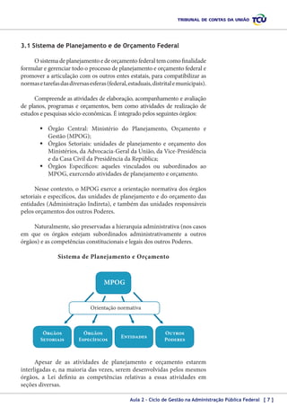 3.1 Sistema de Planejamento e de Orçamento Federal
O sistema de planejamento e de orçamento federal tem como finalidade
formular e gerenciar todo o processo de planejamento e orçamento federal e
promover a articulação com os outros entes estatais, para compatibilizar as
normas e tarefas das diversas esferas (federal, estaduais, distrital e municipais).
Compreende as atividades de elaboração, acompanhamento e avaliação
de planos, programas e orçamentos, bem como atividades de realização de
estudos e pesquisas sócio-econômicas. É integrado pelos seguintes órgãos:
	Órgão Central: Ministério do Planejamento, Orçamento e
Gestão (MPOG);
	Órgãos Setoriais: unidades de planejamento e orçamento dos
Ministérios, da Advocacia-Geral da União, da Vice-Presidência
e da Casa Civil da Presidência da República;
	Órgãos Específicos: aqueles vinculados ou subordinados ao
MPOG, exercendo atividades de planejamento e orçamento.
Nesse contexto, o MPOG exerce a orientação normativa dos órgãos
setoriais e específicos, das unidades de planejamento e do orçamento das
entidades (Administração Indireta), e também das unidades responsáveis
pelos orçamentos dos outros Poderes.
Naturalmente, são preservadas a hierarquia administrativa (nos casos
em que os órgãos estejam subordinados administrativamente a outros
órgãos) e as competências constitucionais e legais dos outros Poderes.
Sistema de Planejamento e Orçamento

MPOG
Orientação normativa

Órgãos
Setoriais

Órgãos
Específicos

Entidades

Outros
Poderes

Apesar de as atividades de planejamento e orçamento estarem
interligadas e, na maioria das vezes, serem desenvolvidas pelos mesmos
órgãos, a Lei definiu as competências relativas a essas atividades em
seções diversas.
Aula 2 – Ciclo de Gestão na Administração Pública Federal [ 7 ]

 
