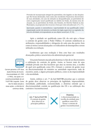 Previsão de incorporação integral do patrimônio, dos legados ou das doações
que lhe foram destinados, bem como dos excedentes financeiros decorrentes
de suas atividades, em caso de extinção ou desqualificação, ao patrimônio de
outra organização social qualificada no âmbito da União, da mesma área de
atuação, ou ao patrimônio da União, dos Estados, do Distrito Federal ou dos
Municípios, na proporção dos recursos e bens por estes alocados (art. 2º, I, “i”).

Aprovação, quanto à conveniência e oportunidade de sua qualificação como
organização social, do ministro ou titular de órgão supervisor ou regulador da
área de atividade correspondente ao seu objeto social (art. 2º, II).

Após a entidade ser qualificada como OS, ela está apta a firmar
o contrato de gestão com o Poder Público. O contrato estabelecerá as
atribuições, responsabilidades e obrigações de cada uma das partes, bem
como as metas a serem alcançadas e os indicadores de desempenho a serem
utilizados na avaliação.
Lembremos que essa avaliação é feita com base nos resultados
alcançados, prática característica da administração gerencial.

Correm perante o STF duas
Ações Diretas de Inconstitucionalidade (nºs 1923
e 1943), nas quais a inconstitucionalidade da Lei
9.637/98 é arguida. Como
não foi dada solução a
essas ações, a referida lei
continua válida.

Um ponto bastante atacado pela doutrina é o fato de ser discricionária
a celebração do contrato de gestão. Assim, se houver mais de uma
entidade privada sem fins lucrativos que atue na mesma área, a escolha
de qual será qualificada como OS e firmará o contrato de gestão recai
na discricionariedade do ministro ou autoridade supervisora, indo de
encontro, assim, a alguns princípios públicos, como os da impessoalidade
e da moralidade.
Assim, embora o art. 7º da Lei 9.637/98 preceitue que o contrato
de gestão deve observar os princípios da legalidade, impessoalidade,
moralidade, publicidade, economicidade, a doutrina entende que a
discricionariedade contida na qualificação das OS e na celebração dos
contratos é inconstitucional.

Art. 7º da Lei 9.637/98
O contrato de gestão
deve observar os
princípios públicos.

[ 12 ] Estruturas de Gestão Pública

Doutrina
A discricionariedade na
escolha da entidade para
qualificar como OS e
firmar o contrato de
gestão é inconstitucional.

 