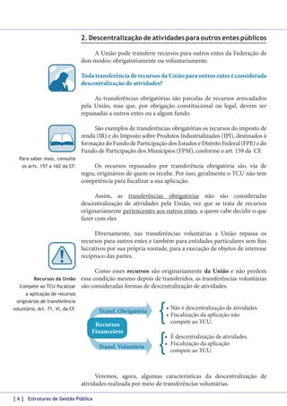 2. Descentralização de atividades para outros entes públicos
A União pode transferir recursos para outros entes da Federação de
dois modos: obrigatoriamente ou voluntariamente.
Toda transferência de recursos da União para outros entes é considerada
descentralização de atividades?
As transferências obrigatórias são parcelas de recursos arrecadados
pela União, mas que, por obrigação constitucional ou legal, devem ser
repassadas a outros entes ou a algum fundo.
São exemplos de transferências obrigatórias os recursos do imposto de
renda (IR) e do Imposto sobre Produtos Industrializados (IPI), destinados à
formação do Fundo de Participação dos Estados e Distrito Federal (FPE) e do
Fundo de Participação dos Municípios (FPM), conforme o art. 159 da  CF.
Para saber mais, consulte
os arts. 157 a 162 da CF.

Os recursos repassados por transferência obrigatória são, via de
regra, originários de quem os recebe. Por isso, geralmente o TCU não tem
competência para fiscalizar a sua aplicação.
Assim, as transferências obrigatórias não são consideradas
descentralização de atividades pela União, vez que se trata de recursos
originariamente pertencentes aos outros entes, a quem cabe decidir o que
fazer com eles.
Diversamente, nas transferências voluntárias a União repassa os
recursos para outros entes e também para entidades particulares sem fins
lucrativos por sua própria vontade, para a execução de objetos de interesse
recíproco das partes.

Recursos da União
Compete ao TCU fiscalizar

Como esses recursos são originariamente da União e não perdem
essa condição mesmo depois de transferidos, as transferências voluntárias
são consideradas formas de descentralização de atividades.

a aplicação de recursos
originários de transferência
voluntária. Art. 71, VI, da CF.

Transf. Obrigatória

Recursos
Financeiros
Transf. Voluntária

•	Não	é	descentralização	de	atividades.
•	Fiscalização	da	aplicação	não	
compete	ao	TCU.
•	 É	descentralização	de	atividades.
•	 Fiscalização	da	aplicação	
compete	ao	TCU.

Veremos, agora, algumas características da descentralização de
atividades realizada por meio de transferências voluntárias.
[ 6 ] Estruturas de Gestão Pública

 
