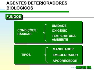 Ir p/ primeira página
FUNGOS
UMIDADE
OXIGÊNIO
TEMPERATURA
AMBIENTE
TIPOS
MANCHADOR
APODRECEDOR
CONDIÇÕES
BÁSICAS
AGENTES DETERIORADORES
BIOLÓGICOS
EMBOLORADOR
 