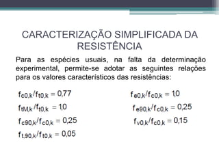 CARACTERIZAÇÃO SIMPLIFICADA DA
RESISTÊNCIA
Para as espécies usuais, na falta da determinação
experimental, permite-se adotar as seguintes relações
para os valores característicos das resistências:
 