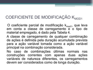 COEFICIENTE DE MODIFICAÇÃO KMOD1
O coeficiente parcial de modificação kmod1, que leva
em conta a classe de carregamento e o tipo de
material empregado, é dado pela Tabela 4.
A classe de carregamento de qualquer combinação
de ações é definida pela duração acumulada prevista
para a ação variável tomada como a ação variável
principal na combinação considerada.
No caso de combinações últimas normais nas
construções correntes com apenas duas ações
variáveis de natureza diferentes, os carregamentos
devem ser considerados como de longa duração.
 