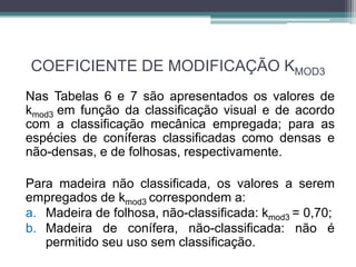 COEFICIENTE DE MODIFICAÇÃO KMOD3
Nas Tabelas 6 e 7 são apresentados os valores de
kmod3 em função da classificação visual e de acordo
com a classificação mecânica empregada; para as
espécies de coníferas classificadas como densas e
não-densas, e de folhosas, respectivamente.
Para madeira não classificada, os valores a serem
empregados de kmod3 correspondem a:
a. Madeira de folhosa, não-classificada: kmod3 = 0,70;
b. Madeira de conífera, não-classificada: não é
permitido seu uso sem classificação.
 