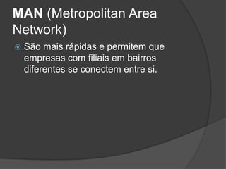 MAN (Metropolitan Area
Network)
 São mais rápidas e permitem que
empresas com filiais em bairros
diferentes se conectem entre si.
 