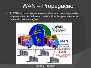 WAN – Propagação
 As WAN tornaram-se necessárias devido ao crescimento das
empresas. As LAN não eram mais suficientes para atender a
demanda de informações.
Carlos Eduardo
 