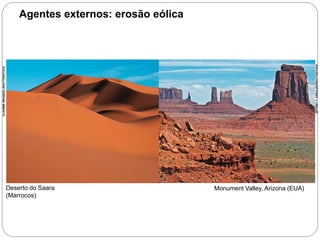 Agentes externos: erosão eólica 
Deserto do Saara 
(Marrocos) 
VLADIMIR WRANGEL/SHUTTERSTOCK 
Monument Valley, Arizona (EUA) 
JEFFREY T. KREULEN/SHUTTRSTOCK 
6o ano – Caderno 2 – Unidade 4 – Capítulo 1 
 