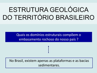 No Brasil, existem apenas as plataformas e as bacias
sedimentares.
Quais os domínios estruturais compõem o
embasamento rochoso do nosso país ?
ESTRUTURA GEOLÓGICA
DO TERRITÓRIO BRASILEIRO
 