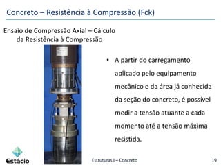 Estruturas I – Concreto 19
Ensaio de Compressão Axial – Cálculo
da Resistência à Compressão
Concreto – Resistência à Compressão (Fck)
• A partir do carregamento
aplicado pelo equipamento
mecânico e da área já conhecida
da seção do concreto, é possível
medir a tensão atuante a cada
momento até a tensão máxima
resistida.
 