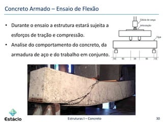 Estruturas I – Concreto 30
Concreto Armado – Ensaio de Flexão
• Durante o ensaio a estrutura estará sujeita a
esforços de tração e compressão.
• Analise do comportamento do concreto, da
armadura de aço e do trabalho em conjunto.
 