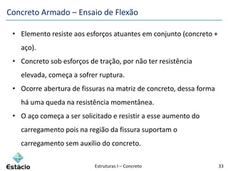 Estruturas I – Concreto 33
Concreto Armado – Ensaio de Flexão
• Elemento resiste aos esforços atuantes em conjunto (concreto +
aço).
• Concreto sob esforços de tração, por não ter resistência
elevada, começa a sofrer ruptura.
• Ocorre abertura de fissuras na matriz de concreto, dessa forma
há uma queda na resistência momentânea.
• O aço começa a ser solicitado e resistir a esse aumento do
carregamento pois na região da fissura suportam o
carregamento sem auxílio do concreto.
 
