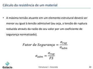 Estruturas I – Concreto 40
• A máxima tensão atuante em um elemento estrutural deverá ser
menor ou igual à tensão admissível (ou seja, a tensão de ruptura
reduzida através da razão do seu valor por um coeficiente de
segurança normatizado).
𝐹𝑎𝑡𝑜𝑟 𝑑𝑒 𝑆𝑒𝑔𝑢𝑟𝑎𝑛ç𝑎 =
𝜎𝑟𝑢𝑝
𝜎 𝑎𝑑𝑚
𝜎 𝑎𝑑𝑚 =
𝜎𝑟𝑢𝑝
𝐹𝑆
Cálculo da resistência de um material
 