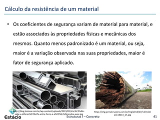 Estruturas I – Concreto 41
• Os coeficientes de segurança variam de material para material, e
estão associados às propriedades físicas e mecânicas dos
mesmos. Quanto menos padronizado é um material, ou seja,
maior é a variação observada nas suas propriedades, maior é
fator de segurança aplicado.
Cálculo da resistência de um material
https://img.jornalcruzeiro.com.br/img/2013/07/12/medi
a/118614_15.jpg
http://blog.losinox.com.br/wp-content/uploads/2019/05/Voc%C3%AA-
sabe-a-diferen%C3%A7a-entre-ferro-e-a%C3%A7oDescubra-aqui.jpg
 