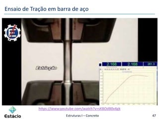 Estruturas I – Concreto 47
Ensaio de Tração em barra de aço
https://www.youtube.com/watch?v=sKBOdB0x4gk
 