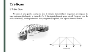 Treliças
2. Treliça Plana
No caso de uma ponte, a carga no piso é primeiro transmitida às longarinas, em seguida às
transversinas e, finalmente, às juntas B, C e D das duas treliças de apoio lateral. Como no caso da
treliça de telhado, o carregamento da treliça de ponte é coplanar, com o pode ser visto abaixo.
 