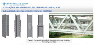 2. LIGAÇÕES APARAFUSADAS EM ESTRUTURAS METÁLICAS
2.2. Aplicação das ligações de estruturas metálicas
Figura 4: Exemplos de aplicação de ligações de estruturas Metálicas.
Fonte: (Argenta, 2016)
12
 