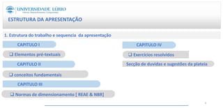 ESTRUTURA DA APRESENTAÇÃO
CAPITULO I
1. Estrutura do trabalho e sequencia da apresentação
 Normas de dimensionamento [ REAE & NBR]
CAPITULO IV
 Elementos pré-textuais
CAPITULO II
 conceitos fundamentais
CAPITULO III
 Exercícios resolvidos
Secção de duvidas e sugestões da plateia
2
 