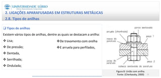 2. LIGAÇÕES APARAFUSADAS EM ESTRUTURAS METÁLICAS
2.8. Tipos de anilhas
 Tipos de anilhas
Existem vários tipos de anilhas, dentre as quais se destacam a anilha:
 Lisa;
 De pressão;
 Dentada,
 Serrilhada;
 Ondulada;
De travamento com orelha
E arruela para perfilados,
Figura 8: União com anilha.
Fonte: (Cherkassky, 2000) 22
 