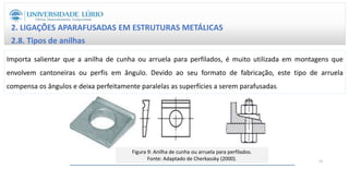 2. LIGAÇÕES APARAFUSADAS EM ESTRUTURAS METÁLICAS
2.8. Tipos de anilhas
Importa salientar que a anilha de cunha ou arruela para perfilados, é muito utilizada em montagens que
envolvem cantoneiras ou perfis em ângulo. Devido ao seu formato de fabricação, este tipo de arruela
compensa os ângulos e deixa perfeitamente paralelas as superfícies a serem parafusadas.
Figura 9: Anilha de cunha ou arruela para perfilados.
Fonte: Adaptado de Cherkassky (2000). 23
 