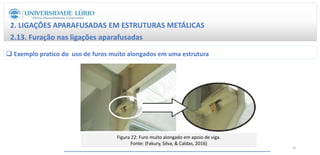 2. LIGAÇÕES APARAFUSADAS EM ESTRUTURAS METÁLICAS
2.13. Furação nas ligações aparafusadas
 Exemplo pratico do uso de furos muito alongados em uma estrutura
Figura 22: Furo muito alongado em apoio de viga.
Fonte: (Fakury, Silva, & Caldas, 2016)
35
 