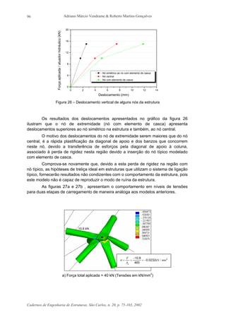 Adriano Márcio Vendrame & Roberto Martins Gonçalves
Cadernos de Engenharia de Estruturas, São Carlos, n. 20, p. 75-103, 2002
96
0 2 4 6 8 10 12 14
0
4
8
12
16
20
Nó simétrico ao nó com elemento de casca
Nó central
Nó com elemento de casca
Forçaaplicada/atuadorhidráulico(kN)
Deslocamento (mm)
Figura 26 – Deslocamento vertical de alguns nós da estrutura
Os resultados dos deslocamentos apresentados no gráfico da figura 26
ilustram que o nó de extremidade (nó com elemento de casca) apresenta
deslocamentos superiores ao nó simétrico na estrutura e também, ao nó central.
O motivo dos deslocamentos do nó de extremidade serem maiores que do nó
central, é a rápida plastificação da diagonal de apoio e dos banzos que concorrem
neste nó, devido a transferência de esforços pela diagonal de apoio à coluna,
associado à perda de rigidez nesta região devido a inserção do nó típico modelado
com elemento de casca.
Comprova-se novamente que, devido a esta perda de rigidez na região com
nó típico, as hipóteses de treliça ideal em estruturas que utilizam o sistema de ligação
típico, fornecerão resultados não condizentes com o comportamento da estrutura, pois
este modelo não é capaz de reproduzir o modo de ruína da estrutura.
As figuras 27a e 27b , apresentam o comportamento em níveis de tensões
para duas etapas de carregamento de maneira análoga aos modelos anteriores.
a) Força total aplicada = 40 kN (Tensões em kN/mm2
)
10.8 kN
2
02320
465
810
mm/kN.
.
A
F
g
−=
−
==σ
 