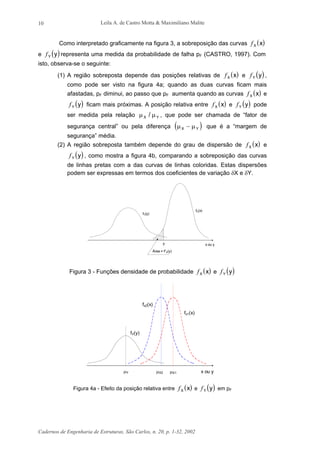 Leila A. de Castro Motta & Maximiliano Malite
Cadernos de Engenharia de Estruturas, São Carlos, n. 20, p. 1-32, 2002
10
Como interpretado graficamente na figura 3, a sobreposição das curvas ( )fX x
e ( )fY y representa uma medida da probabilidade de falha pF (CASTRO, 1997). Com
isto, observa-se o seguinte:
(1) A região sobreposta depende das posições relativas de ( )fX x e ( )fY y ,
como pode ser visto na figura 4a; quando as duas curvas ficam mais
afastadas, pF diminui, ao passo que pF aumenta quando as curvas ( )fX x e
( )fY y ficam mais próximas. A posição relativa entre ( )fX x e ( )fY y pode
ser medida pela relação µ µX Y/ , que pode ser chamada de “fator de
segurança central” ou pela diferença ( )µ µX Y− que é a “margem de
segurança” média.
(2) A região sobreposta também depende do grau de dispersão de ( )fX x e
( )fY y , como mostra a figura 4b, comparando a sobreposição das curvas
de linhas pretas com a das curvas de linhas coloridas. Estas dispersões
podem ser expressas em termos dos coeficientes de variação δX e δY.
x ou y
Área = FX(y)
y
fY(y)
fX(x)
Figura 3 - Funções densidade de probabilidade ( )fX x e ( )fY y
µY µX2 µX1 x ou y
fY(y)
fx1(x)
fx2(x)
Figura 4a - Efeito da posição relativa entre ( )fX x e ( )fY y em pF
 