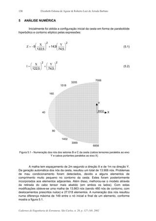 Elizabeth Oshima de Aguiar & Roberto Luiz de Arruda Barbato
Cadernos de Engenharia de Estruturas, São Carlos, n. 20, p. 127-148, 2002
138
5 ANÁLISE NUMÉRICA
Inicialmente foi obtida a configuração inicial da cesta em forma de parabolóide
hiperbólico e contorno elíptico pelas expressões:
22
5,74
9,14
5,122
9 





+





−=
YX
Z (5.1)
22
5,745,122






+





=
YX
1 (5.2)
Figura 5.1 - Numeração dos nós dos setores B e C da cesta (cabos tensores paralelos ao eixo
Y e cabos portantes paralelos ao eixo X)
A malha tem espaçamento de 2m segundo a direção X e de 1m na direção Y.
Da geração automática dos nós da cesta, resultou um total de 13.906 nós. Problemas
de mau condicionamento foram detectados, devido a alguns elementos de
comprimento muito pequeno no contorno da cesta. Estes foram posteriormente
incorporados aos elementos adjacentes. Além disso, melhorou-se o modelo através
da retirada do cabo tensor mais abatido (em ambos os lados). Com estas
modificações obteve-se uma malha de 13.863 nós (sendo 480 nós de contorno, com
deslocamentos prescritos nulos) e 27.018 elementos. A numeração dos nós resultou
numa diferença máxima de 149 entre o nó inicial e final de um elemento, conforme
mostra a figura 5.1.
80
160
3069
3205
7006
6858
40 X6932
1402
1518
Y
 
