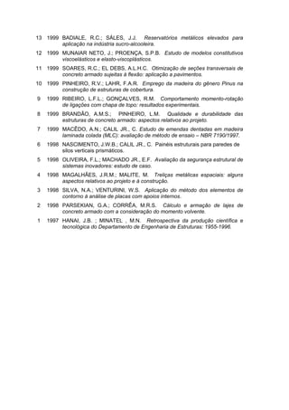 13 1999 BADIALE, R.C.; SÁLES, J.J. Reservatórios metálicos elevados para
aplicação na indústria sucro-alcooleira.
12 1999 MUNAIAR NETO, J.; PROENÇA, S.P.B. Estudo de modelos constitutivos
viscoelásticos e elasto-viscoplásticos.
11 1999 SOARES, R.C.; EL DEBS, A.L.H.C. Otimização de seções transversais de
concreto armado sujeitas à flexão: aplicação a pavimentos.
10 1999 PINHEIRO, R.V.; LAHR, F.A.R. Emprego da madeira do gênero Pinus na
construção de estruturas de cobertura.
9 1999 RIBEIRO, L.F.L.; GONÇALVES, R.M. Comportamento momento-rotação
de ligações com chapa de topo: resultados experimentais.
8 1999 BRANDÃO, A.M.S.; PINHEIRO, L.M. Qualidade e durabilidade das
estruturas de concreto armado: aspectos relativos ao projeto.
7 1999 MACÊDO, A.N.; CALIL JR., C. Estudo de emendas dentadas em madeira
laminada colada (MLC): avaliação de método de ensaio – NBR 7190/1997.
6 1998 NASCIMENTO, J.W.B.; CALIL JR., C. Painéis estruturais para paredes de
silos verticais prismáticos.
5 1998 OLIVEIRA, F.L.; MACHADO JR., E.F. Avaliação da segurança estrutural de
sistemas inovadores: estudo de caso.
4 1998 MAGALHÃES, J.R.M.; MALITE, M. Treliças metálicas espaciais: alguns
aspectos relativos ao projeto e à construção.
3 1998 SILVA, N.A.; VENTURINI, W.S. Aplicação do método dos elementos de
contorno à análise de placas com apoios internos.
2 1998 PARSEKIAN, G.A.; CORRÊA, M.R.S. Cálculo e armação de lajes de
concreto armado com a consideração do momento volvente.
1 1997 HANAI, J.B. ; MINATEL , M.N. Retrospectiva da produção científica e
tecnológica do Departamento de Engenharia de Estruturas: 1955-1996.
 