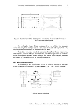 Critérios de dimensionamento de tremonhas piramidais para silos metálicos elevados.
Cadernos de Engenharia de Estruturas, São Carlos, n. 20, p.33-42, 2002
37
Figura 3 - Quadro hiperestático (Os diagramas de momentos de flexão estão invertidos na
figura para facilidade ilustrativa)
As verificações foram feitas considerando-se os efeitos dos esforços
combinados em placas e enrijecedores. Assim, calculou-se a tensão equivalente para
comparação através do critério de resistência de von Mises.
As análises numéricas através de elementos finitos foram feitas, inicialmente,
utilizando-se o Software SAP90. Posteriormente, as análises passaram a ser feitas
através do Programa ANSYS. Para a definição das malhas optou-se pelo elemento
finito SHELL63, o qual tem rigidez de membrana e à flexão.
3.2.1 Métodos experimentais
A determinação das propriedades físicas do produto granular foi realizada
através do Aparelho de Jenike ou “JENIKE SHEAR CELL” (TSG 70-140) (Figura 4).
Figura 4 - Aparelho de Jenike
 