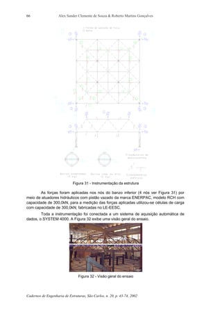 Alex Sander Clemente de Souza & Roberto Martins Gonçalves
Cadernos de Engenharia de Estruturas, São Carlos, n. 20, p. 43-74, 2002
66
Figura 31 - Instrumentação da estrutura
As forças foram aplicadas nos nós do banzo inferior (4 nós ver Figura 31) por
meio de atuadores hidráulicos com pistão vazado da marca ENERPAC, modelo RCH com
capacidade de 300,0kN, para a medição das forças aplicadas utilizou-se células de carga
com capacidade de 300,0kN, fabricadas no LE-EESC.
Toda a instrumentação foi conectada a um sistema de aquisição automática de
dados, o SYSTEM 4000. A Figura 32 exibe uma visão geral do ensaio.
Figura 32 - Visão geral do ensaio
 