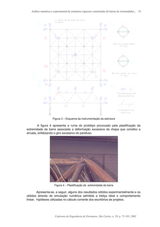 Análise numérica e experimental de estruturas espaciais constituídas de barras de extremidades...
Cadernos de Engenharia de Estruturas, São Carlos, n. 20, p. 75-103, 2002
79
Figura 3 – Esquema da instrumentação da estrutura
A figura 4 apresenta a ruína do protótipo provocado pela plastificação da
extremidade da barra associada a deformação excessiva da chapa que constitui a
arruela, enfatizando o giro excessivo do parafuso.
Figura 4 – Plastificação da extremidade da barra
Apresenta-se, a seguir, alguns dos resultados obtidos experimentalmente e os
obtidos através de simulação numérica admitida a treliça ideal e comportamento
linear, hipóteses utilizadas no cálculo corrente dos escritórios de projetos.
 