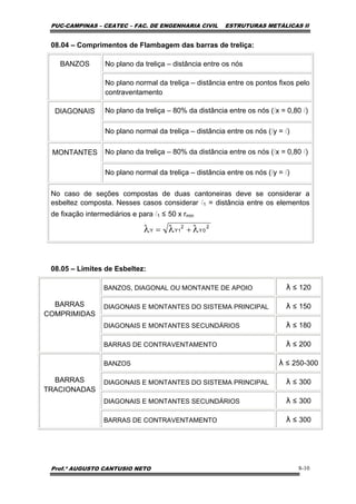 PUC-CAMPINAS – CEATEC – FAC. DE ENGENHARIA CIVIL ESTRUTURAS METÁLICAS II
Prof.º AUGUSTO CANTUSIO NETO 8-10
2
0Y
2
1YY λλλ +=
08.04 – Comprimentos de Flambagem das barras de treliça:
No plano da treliça – distância entre os nósBANZOS
No plano normal da treliça – distãncia entre os pontos fixos pelo
contraventamento
No plano da treliça – 80% da distância entre os nós (lx = 0,80 l)DIAGONAIS
No plano normal da treliça – distância entre os nós (ly = l)
No plano da treliça – 80% da distância entre os nós (lx = 0,80 l)MONTANTES
No plano normal da treliça – distância entre os nós (ly = l)
No caso de seções compostas de duas cantoneiras deve se considerar a
esbeltez composta. Nesses casos considerar l1 = distância entre os elementos
de fixação intermediários e para l1 ≤ 50 x rmin
08.05 – Limites de Esbeltez:
BANZOS, DIAGONAL OU MONTANTE DE APOIO λ ≤ 120
DIAGONAIS E MONTANTES DO SISTEMA PRINCIPAL λ ≤ 150
DIAGONAIS E MONTANTES SECUNDÁRIOS λ ≤ 180
BARRAS
COMPRIMIDAS
BARRAS DE CONTRAVENTAMENTO λ ≤ 200
BANZOS λ ≤ 250-300
DIAGONAIS E MONTANTES DO SISTEMA PRINCIPAL λ ≤ 300
DIAGONAIS E MONTANTES SECUNDÁRIOS λ ≤ 300
BARRAS
TRACIONADAS
BARRAS DE CONTRAVENTAMENTO λ ≤ 300
 