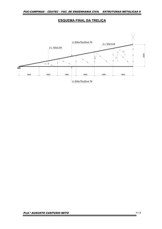 PUC-CAMPINAS – CEATEC – FAC. DE ENGENHARIA CIVIL ESTRUTURAS METÁLICAS II
Prof.º AUGUSTO CANTUSIO NETO 9-14
ESQUEMA FINAL DA TRELIÇA
2500
1900 1900 1900 1900 1900 1900
U 200x75x25x4,76
U 200x75x25x4,76
2 L 50x3,04
2 L 50x3,04
1
1
 