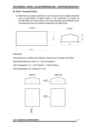 PUC-CAMPINAS – CEATEC – FAC. DE ENGENHARIA CIVIL ESTRUTURAS METÁLICAS II
Prof.º AUGUSTO CANTUSIO NETO 2.14
02. 03.05 – Exemplo Prático
a) Determinar a pressão dinâmica do vento atuante em um Galpão Industrial
com as dimensões da figura abaixo, a ser construído na cidade de
Curitiba (PR), em terreno plano e em zona industrial cuja finalidade é para
funcionamento de uma indústria metalúrgica de médio porte.
25 m
10m4m
CORTEPLANTA
60 m
25m
Resolução:
Consultando-se o Gráfico das Isopletas, teremos para a cidade de Curitiba:
Velocidade Básica do Vento: Vo = 40 m/s (Tabela 1)
Fator Topografico: S1 = 1,00 (Tabela 2 – Terreno Plano)
Fator Rugosidade: S2 (Tabelas 3, 4 e 5)
VENTO O° VENTO 9O°
VENTO
VENTO
VENTO
 