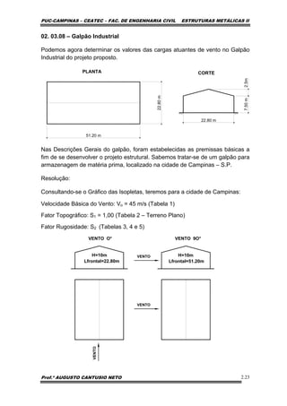 PUC-CAMPINAS – CEATEC – FAC. DE ENGENHARIA CIVIL ESTRUTURAS METÁLICAS II
Prof.º AUGUSTO CANTUSIO NETO 2.23
02. 03.08 – Galpão Industrial
Podemos agora determinar os valores das cargas atuantes de vento no Galpão
Industrial do projeto proposto.
22.80 m
7.50m2.5m
CORTEPLANTA
51.20 m
22.80m
Nas Descrições Gerais do galpão, foram estabelecidas as premissas básicas a
fim de se desenvolver o projeto estrutural. Sabemos tratar-se de um galpão para
armazenagem de matéria prima, localizado na cidade de Campinas – S.P.
Resolução:
Consultando-se o Gráfico das Isopletas, teremos para a cidade de Campinas:
Velocidade Básica do Vento: Vo = 45 m/s (Tabela 1)
Fator Topográfico: S1 = 1,00 (Tabela 2 – Terreno Plano)
Fator Rugosidade: S2 (Tabelas 3, 4 e 5)
VENTO O° VENTO 9O°
VENTO
VENTO
VENTO
H=10m
Lfrontal=22.80m
H=10m
Lfrontal=51.20m
 