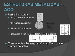  Perfis Estruturais:
 “I,H,U” série americana;
 “I,H” abas paralelas;
 “Is,Vs,Hs,” soldados;
 Dobrados a frio “L,U,Ue,S,Se,Z,Ze,I,Ie,Caixa
 Componentes: barras, parafusos, Eletrodos e
arames de solda
 