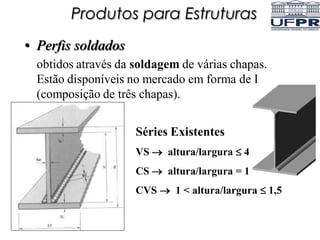 • Perfis soldados
obtidos através da soldagem de várias chapas.
Estão disponíveis no mercado em forma de I
(composição de três chapas).
Séries Existentes
VS  altura/largura  4
CS  altura/largura = 1
CVS  1 < altura/largura  1,5
Produtos para Estruturas
 