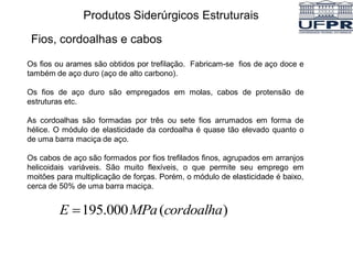 Os fios ou arames são obtidos por trefilação. Fabricam-se fios de aço doce e
também de aço duro (aço de alto carbono).
Os fios de aço duro são empregados em molas, cabos de protensão de
estruturas etc.
As cordoalhas são formadas por três ou sete fios arrumados em forma de
hélice. O módulo de elasticidade da cordoalha é quase tão elevado quanto o
de uma barra maciça de aço.
Os cabos de aço são formados por fios trefilados finos, agrupados em arranjos
helicoidais variáveis. São muito flexíveis, o que permite seu emprego em
moitões para multiplicação de forças. Porém, o módulo de elasticidade é baixo,
cerca de 50% de uma barra maciça.
Produtos Siderúrgicos Estruturais
Fios, cordoalhas e cabos
)
(
000
.
195 cordoalha
MPa
E 
 