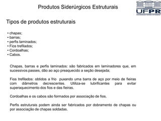 Produtos Siderúrgicos Estruturais
Tipos de produtos estruturais
• chapas;
• barras;
• perfis laminados;
• Fios trefilados;
• Cordoalhas;
• Cabos.
Chapas, barras e perfis laminados: são fabricados em laminadores que, em
sucessivos passes, dão ao aço preaquecido a seção desejada;
Fios trefilados: obtidos a frio puxando uma barra de aço por meio de fieiras
com diâmetros decrescentes. Utiliza-se lubrificantes para evitar
superaquecimento dos fios e das fieiras.
Cordoalhas e os cabos são formados por associação de fios.
Perfis estruturais podem ainda ser fabricados por dobramento de chapas ou
por associação de chapas soldadas.
 
