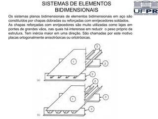 Os sistemas planos bidimensionais de elementos bidimensionais em aço são
constituídos por chapas dobradas ou reforçadas com enrijecedores soldados.
As chapas reforçadas com enrijecedores são muito utilizadas como lajes em
pontes de grandes vãos, nas quais há interersse em reduzir o peso próprio da
estrutura. Tem inércia maior em uma direção. São chamadas por este motivo
placas ortogonalmente anisotrópicas ou ortotrópicas.
SISTEMAS DE ELEMENTOS
BIDIMENSIONAIS
 