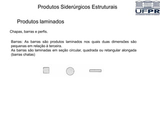 Produtos Siderúrgicos Estruturais
Produtos laminados
Chapas, barras e perfis.
Barras: As barras são produtos laminados nos quais duas dimensões são
pequenas em relação à terceira.
As barras são laminadas em seção circular, quadrada ou retangular alongada
(barras chatas)
 