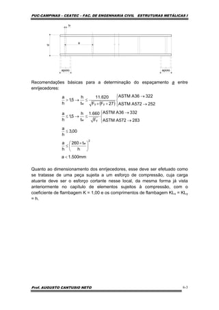 PUC-CAMPINAS – CEATEC – FAC. DE ENGENHARIA CIVIL ESTRUTURAS METÁLICAS I
Prof. AUGUSTO CANTUSIO NETO 6-3
te
apoio apoio
d
a
Recomendações básicas para a determinação do espaçamento a entre
enrijecedores:
Quanto ao dimensionamento dos enrijecedores, esse deve ser efetuado como
se tratasse de uma peça sujeita a um esforço de compressão, cuja carga
atuante deve ser o esforço cortante nesse local, da mesma forma já vista
anteriormente no capítulo de elementos sujeitos à compressão, com o
coeficiente de flambagem K = 1,00 e os comprimentos de flambagem KLx = KLy
= h.
( )
mm500.1a
h
t260
h
a
00,3
h
a
283572AASTM
33236AASTM
F
660.1
t
h
5,1
h
a
252572AASTM
32236AASTM
27FF
620.11
t
h
5,1
h
a
2
w
yw
yyw
<
⎟
⎠
⎞
⎜
⎝
⎛ ×
≤
≤
⎪⎩
⎪
⎨
⎧
→
→
≤→≤
⎪⎩
⎪
⎨
⎧
→
→
+×
≤→>
 