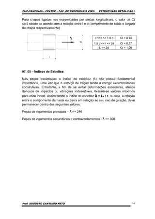 PUC-CAMPINAS – CEATEC – FAC. DE ENGENHARIA CIVIL ESTRUTURAS METÁLICAS I
Prof. AUGUSTO CANTUSIO NETO 7-4
Para chapas ligadas nas extremidades por soldas longitudinais, o valor de Ct
será obtido de acordo com a relação entre l e d (comprimento de solda e largura
da chapa respectivamente)
07. 05 – Índices de Esbeltez:
Nas peças tracionadas o índice de esbeltez (λ) não possui fundamental
importância, uma vez que o esforço de tração tende a corrigir excentricidades
construtivas. Entretanto, a fim de se evitar deformações excessivas, efeitos
danosos de impactos ou vibrações indesejáveis, fixaram-se valores máximos
para esse índice. Assim sendo o índice de esbeltez λ = Lfl / r, ou seja, a relação
entre o comprimento da haste ou barra em relação ao seu raio de giração, deve
permanecer dentro dos seguintes valores:
Peças de vigamentos principais – λ <= 240
Peças de vigamentos secundários e contraventamentos - λ <= 300
d <= l <= 1,5 d Ct = 0,75
1,5 d <= l <= 2d Ct = 0,87
L >= 2d Ct = 1,00
N
d
l
 