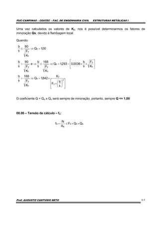 PUC-CAMPINAS – CEATEC – FAC. DE ENGENHARIA CIVIL ESTRUTURAS METÁLICAS I
Prof. AUGUSTO CANTUSIO NETO 8-5
Uma vez calculados os valores de Kc, nos é possível determinarmos os fatores de
minoração Qs, devido à flambagem local.
Quando:
O coeficiente Q = Qa x Qs será sempre de minoração, portanto, sempre Q <= 1,00
08.06 – Tensão de cálculo – fa:
⎥
⎥
⎦
⎤
⎢
⎢
⎣
⎡
⎟
⎠
⎞
⎜
⎝
⎛
×
×=⇒>
⎥
⎦
⎤
⎢
⎣
⎡
××−=⇒≤⇒>
=⇒≤
2
f
y
c
s
c
yf
c
y
f
s
c
yf
c
yf
s
c
yf
t
b
F
K
842,1Q
K
F
168
t
b
K
F
t
b
0036,0293,1Q
K
F
168
t
b
e
K
F
80
t
b
00,1Q
K
F
80
t
b
asa
g
a QQF
A
N
f ××≤=
 