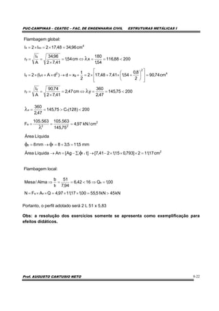 PUC-CAMPINAS – CEATEC – FAC. DE ENGENHARIA CIVIL ESTRUTURAS METÁLICAS I
Prof. AUGUSTO CANTUSIO NETO 8-22
Flambagem global:
Flambagem local:
Portanto, o perfil adotado será 2 L 51 x 5,83
Obs: a resolução dos exercícios somente se apresenta como exemplificação para
efeitos didáticos.
2
f
fp
cm17,112]793,015,1241,7[]tAg[AnLíquidaÁrea
mm5,115,38mm8
LíquidaÁrea
=×××−→∑−=→
=+=→=
×φ
φφ
2
22
a
cx
cm/kN97,4
75,145
563.105563.105
F
200)128(C75,145
47,2
360
===
<>==
λ
λ
kN45kN51,5500,117,1197,4QAFN
00,1Q1642,6
94,7
51
t
b
Alma/Mesa
na
s
f
>=××=××=
=⇒<==⇒
20075,145
47,2
360
ycm47,2
41,72
74,90
A
I
r
cm74,90
2
8,0
54,141,748,172
2
t
xd)dAI(2I
20088,116
54,1
180
xcm54,1
41,72
96,34
A
I
r
cm96,3448,172I2I
y
y
4
2
g
2
0yy
x
y
4
xox
<==⇔=
×
==
=
⎥
⎥
⎦
⎤
⎢
⎢
⎣
⎡
⎟
⎠
⎞
⎜
⎝
⎛
+×+×=+=→×+×=
<==⇔=
×
==
=×=×=
λ
λ
 