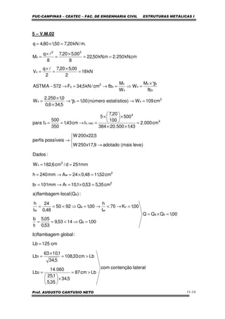 PUC-CAMPINAS – CEATEC – FAC. DE ENGENHARIA CIVIL ESTRUTURAS METÁLICAS I
Prof. AUGUSTO CANTUSIO NETO 11-14
5 – V.M.02
lateralcontençãocom
Lbcm87
5,34
35,5
1,25
060.14
Lb
Lbcm33,108
5,34
1,1063
Lb
cm125Lb
:globalflambagem)b
00,1QQQ
00,1Q1453,9
53,0
05,5
t
b
00,1K70
t
h
00,1Q9250
48,0
24
t
h
:)Q(localflambagem)a
cm35,553,01,10Amm101b
cm52,1148,024Amm240h
mm251d/cm6,182W
:Dados
)levemais(adotado9,17x250W
5,22x200W
possíveisperfis
cm000.2
43,1500.20384
500
100
20,7
5
Icm43,1
350
500
fpara
cm109W)oestatísticnúmero(00,1
5,346,0
0,1250.2
W
fb
M
W
W
M
fbcm/kN5,34F572AASTM
kN18
2
00,520,7
2
q
V
cm.kN250.2m.kN50,22
8
00,520,7
8
q
M
.m/kN20,750,180,4q
2
1
sa
s
f
c
w
a
w
a
2
ff
2
w
3
x
4
4
nec,xa
3
xpx
x
px
x
x
x
x
2
y
x
22
x
>=
×





=
>=
×
=
=
=×=
=⇒<==
=→<→=⇒<==
=×=→=
=×=→=
==




→
→
=
××
×





×
=→==
=→=→
×
×
=
×
=⇒=→=→−
=
×
=
×
=
==
×
=
×
=
=×=
γ
γ
l
l
 