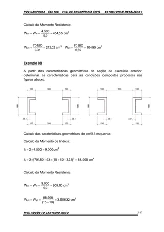 PUC-CAMPINAS – CEATEC – FAC. DE ENGENHARIA CIVIL ESTRUTURAS METÁLICAS I
Prof. AUGUSTO CANTUSIO NETO 3-17
Cálculo do Momento Resistente:
Exemplo 08
A partir das características geométricas da seção do exercício anterior,
determinar as características para as condições compostas propostas nas
figuras abaixo.
Cálculo das carateristicas geometricas do perfil à esquerda:
Cálculo do Momento de Inércia:
Cálculo do Momento Resistente:
3
yd
3
ye
3
xixs
cm90,104
69,6
80,701
Wcm02,212
31,3
80,701
W
cm55,454
9,9
500.4
WW
====
===
100
100
100
100
33.133.1
100
100
198
100
100
198
300
300
33.1 33.1
198
198 300
42
y
4
x
cm908.88)31,31015(9380,701[2I
cm000.9500.42I
=−+×+×=
=×=
3
ydye
3
xixs
cm32,556.3
)1015(
908.88
WW
cm10,909
9,9
000.9
WW
=
+
==
===
 
