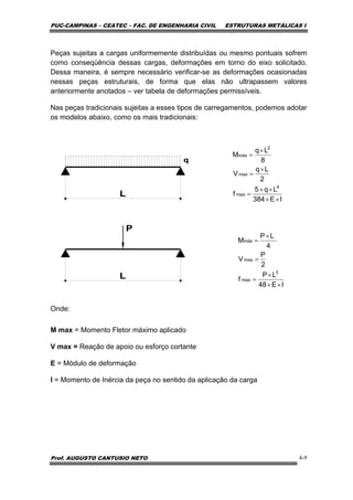 PUC-CAMPINAS – CEATEC – FAC. DE ENGENHARIA CIVIL ESTRUTURAS METÁLICAS I
Prof. AUGUSTO CANTUSIO NETO 4-9
Peças sujeitas a cargas uniformemente distribuídas ou mesmo pontuais sofrem
como conseqüência dessas cargas, deformações em torno do eixo solicitado.
Dessa maneira, é sempre necessário verificar-se as deformações ocasionadas
nessas peças estruturais, de forma que elas não ultrapassem valores
anteriormente anotados – ver tabela de deformações permissíveis.
Nas peças tradicionais sujeitas a esses tipos de carregamentos, podemos adotar
os modelos abaixo, como os mais tradicionais:
Onde:
M max = Momento Fletor máximo aplicado
V max = Reação de apoio ou esforço cortante
E = Módulo de deformação
I = Momento de Inércia da peça no sentido da aplicação da carga
IE384
Lq5
f
2
Lq
V
8
Lq
M
4
max
max
2
máx
××
××
=
×
=
×
=
IE48
LP
f
2
P
V
4
LP
M
3
max
max
máx
××
×
=
=
×
=
 
